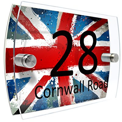 Personalised House Number Sign Printed Plaque Garden Glass Effect Acrylic Sign Door Plate Marble Wall Display 2 Part Branded Acrylic (Grungy UK flag)