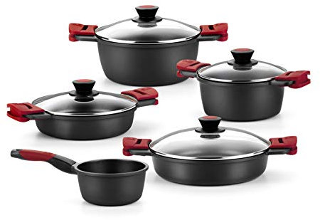 BRA Premiere Batería de Cocina de 9 Piezas en Aluminio Fundido Antiadherente, Incluye Asas Desmontables, Libre de PFOA, Apta para Todo Tipo de Cocinas y Horno