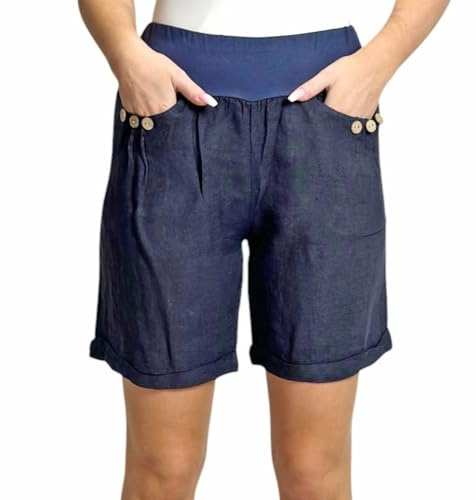 Mississhop Damen Leinenshorts Bermuda lockere Kurze Hose Freizeithose 100% Leinen Shorts Elegante Haremshose mit Knöpfen Sommer Strand