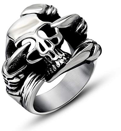 Daesar Edelstahl Herren Ring Edelstahlring Silber Schwarz Gothic Drachen Kralle mit Totenkopf Schädel Partnerring Freundschaftsring Ring Größe 54 (17.2)