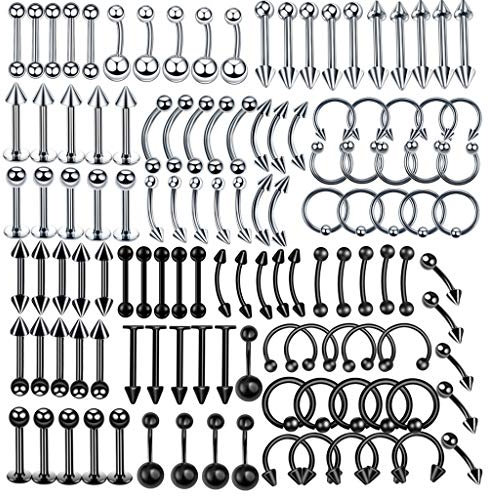 Multi schwarz Edelstahl Piercing Set 120x silber Mix Körperschmuck Studs Barbells Silber Bananabells für Ohr Lippe Nase Zunge Bauchnabel Augenbrauen Nippel Piercing Ring Punk 1.2 * 10mm (10)
