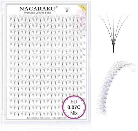 NAGARAKU Eyelash Extensions 320 Pcs Premade Fans Russian Volume Long Stem Premade Fans Thin Pointy Base Natural Pre Fanned Fluffy False Eyelash Clusters Black 16 Rows (5D 0.07 C Curl 9-14mm Mix Tray)