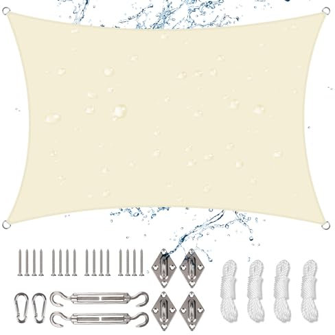 NAKIHOUSE Waterproof Shade Sail with Rope Fixing Kits, 3x4m Rectangle Sun Shade Sail 98% UV Block Awning Canopy for Garden Patio (Cream)