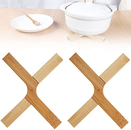 DURANTEY 2 Stück Untersetzer Topf 20 * 1.6cm Natürliche Waschbare Topfuntersetzer Hitzebeständig Natürliche Bambus Untersetzer Platzsparend Holz Topfuntersetzer Faltbar für Küche Topf