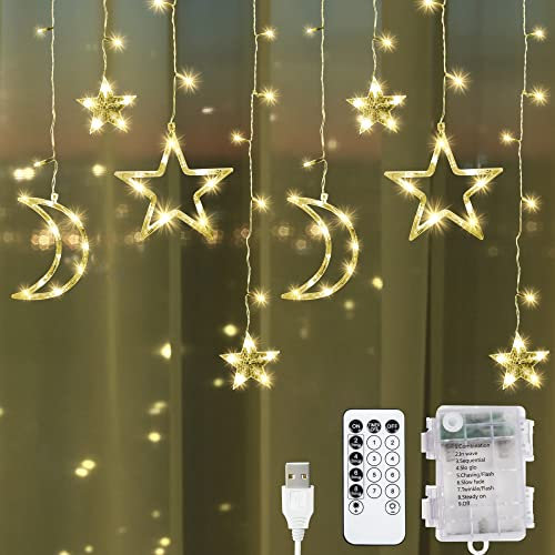 GloBrite Ramadan Decorations for Home - 138 LED Curtain String Lights, Moon & Star Battery Operated Ramadan Decorations w/ 8 Modes & Memory Function - Home Decor, Christmas, Party, Eid (Warm White)