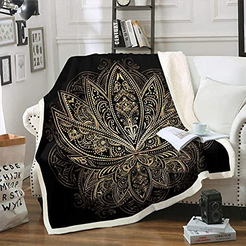 Loussiesd Boho Mandala Kuscheldecke 150x200cm Böhmische Dekorative Flanell Fleecedecke Hippie Mandala Wohndecke Jungen Mädchen Kinder Decke Schwarz Golden Exotisch Floral für Bettsofa