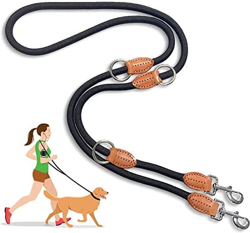 Heydoggy Multi-Function Hands Free Dog Lead (7ft) - Strong Training Leads, 1.4cm Thick Nylon Double (3 Adjustable Lengths) Walking Running Long Rope Leash for Small Medium Large Dogs Black, 1/2''