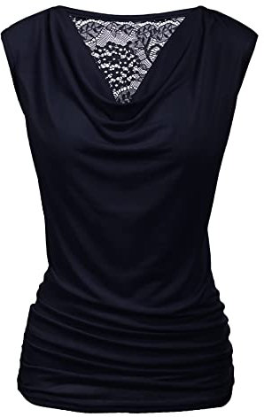 PINSPARK Blusa de verano sin mangas para mujer, elegante, cuello en V, cascada, plisado, encaje, túnica elástica, azul marino, L