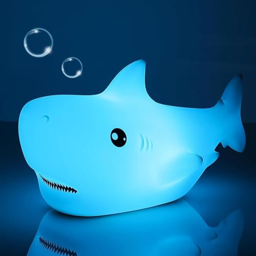 LOVERUIS Hai Nachtlicht Kinder, 7 Farbwechsel LED Tragbare Touch Baby Lampe, USB aufladbar Silikon Tier Nachtlicht für Kinder Kindergarten Kleinkind (Hai)