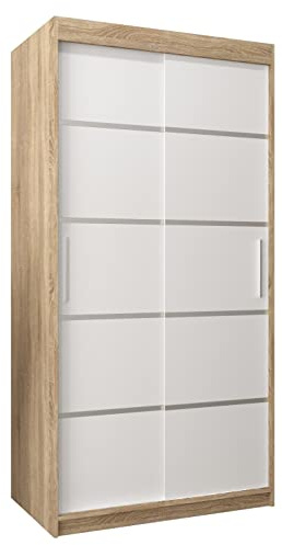 MEBLE KRYSPOL Schwebetürenschrank Verona 1 100 cm Kleiderschrank mit Kleiderstange und Einlegeboden Schlafzimmer- Wohnzimmerschrank Schiebetüren Modern Design (Schubladen: 0, Sonoma + Weiß)