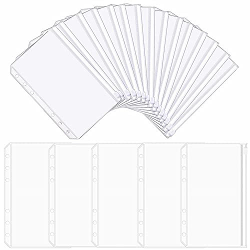 20 Stück A6 Binder Taschen, PVC 6-Loch Reißverschluss Ordner, Wasserdicht Kunststoff Bindertaschen, Transparent Geld Budget Umschläge für Notebook-Planer, Einlegeseiten Loseblattbeutel, Foto