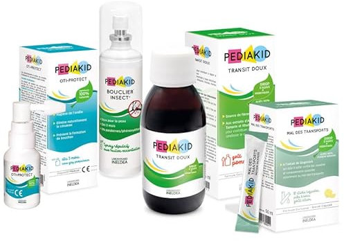 PEDIAKID Box Vacances - Spray Anti-Moustiques & Anti-Démangeaisons - Spray Nettoyant Oreille - Sirop Prébiotiques pour Transit Intestinal - Sticks contre Nausées & Vomissements