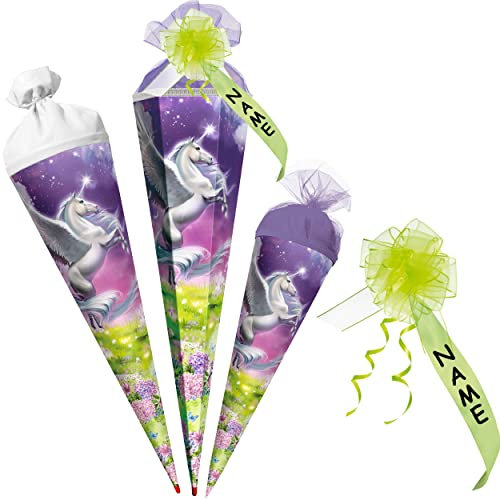 alles-meine.de GmbH Schultüte - Magic Pegasus/Einhorn 35-85 cm Größe wählbar mit/ohne Holzspitze inkl. Name + Verschluß-Schleife - Zuckertüte - Tüllabschluß/Filza..