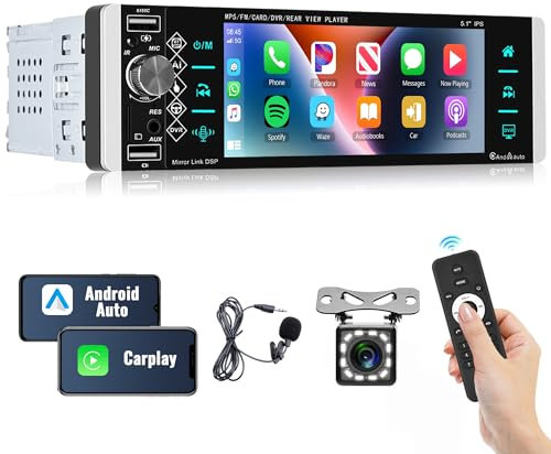Radio de Coche 1 DIN Apple Carplay Android Auto 5.1 Pulgadas Pantalla Táctil Bluetooth Radio Coche con Micrófono FM Radio Mirror Link DVR/3 USB/AUX Control del Volante + Cámara de visión Trasera