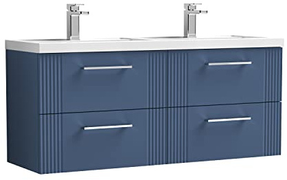 nuie DPF393C Deco Modern Bathroom Wall Hung 4 Drawer Part Fluted Vanity Basin Unit with Twin Polymarble Basin, 1200mm, Satin Blue