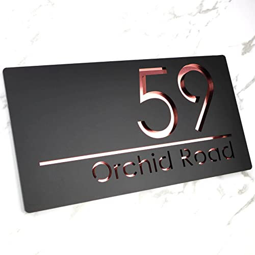 K Smart Sign | Bellissima H1 | Rose Gold Mirror | 300mm x 160mm | 3d Laser Cut Contemporary house sign door number plaques address signs (Matt Black & Rose Gold)