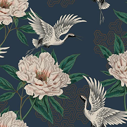 Grandeco Flying Cranes Floral Geometric Wallpaper Navy 178301
