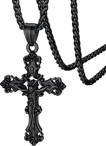 FaithHeart Schwarz Jesus Kreuz Anhänger Halskette für Herren Jungen Religiöser Jesus Schmuck Kruzifix Kette mit Geschenkebox für Geburtstag…