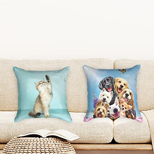 Ulticool - Kissenhülle - Hund Tiere Hunde Katze - Set von 2 Motiven – 45 cm x 45 cm - Dekokissen ohne Füllung - Kissenbezug Zubehör für Sofa/Bett - Blau Weiß