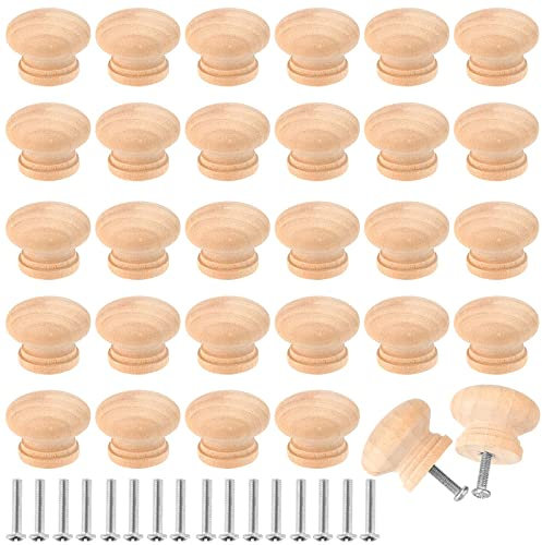 KOHAND 30 Pack Wooden Door Knobs, 35 x 25 mm Natural Wood Drawer Knobs with 30 Screws, Round Wooden Drawer Handles for Furniture Cabinet, Wardrobe, Drawer