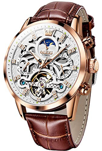 OLEVS Herren-Skelett-Armbanduhr, automatisch, luxuriös, mechanische Armbanduhr, braunes Leder, lässig, Mondphase, leuchtend, wasserdicht, Gold und Weiß, Armband