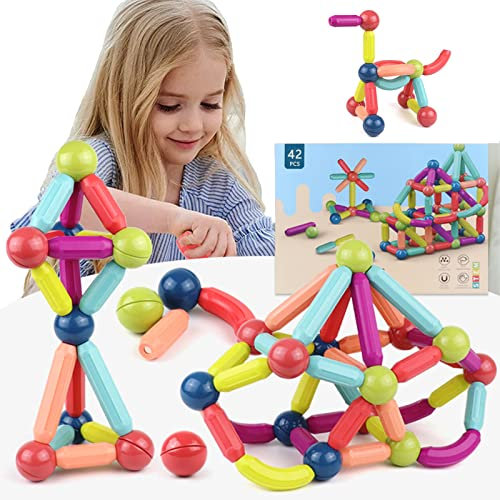Magnetische Bausteine ab 2 3 4 5 6 7 Jahre Magnetbausteine Kinder Lernspiele Montessori Magnet Spielzeug Kinder Kugeln Stäbe 42 Stück Magnetic Building Blocks Magnetspiel Geschenke für Mädchen Jungen