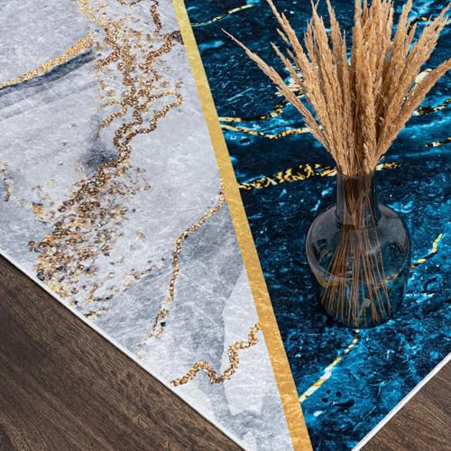 Mazovia Modern Teppich - Kurzflor Waschbar - Weich Teppich für Wohnzimmer, Schlafzimmer, Esszimmer – Teppiche Marmor Abstrakt Muster - Blau Grau Gold 200 x 300 cm