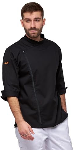 strongAnt Herren Kochjacke 3/4 Kurzarm mit Reißverschluss Stretch Professionelle Kochuniform - Schwarz, Größe: 3XL