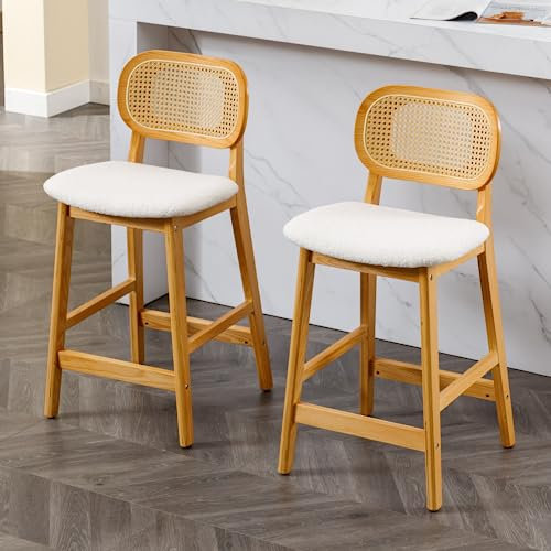 Wahson Juego de 2 Taburetes de Bar Madera Tapizado Sillas de Bar con Respaldo de Rattán, Sillas de Mostrador para Isla de Cocina/Restaurante, Beige
