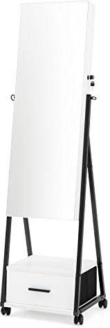 GOPLUS Armoire à Bijoux 2 en 1 avec Miroir Pleine Longueur, Organisateur de Bijoux sur Pied avec roulettes Verrouillables, Armoire de Bijoux Verrouillable pour Chambre, Vestiaire (Blanc)