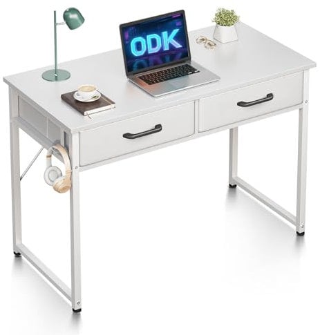 ODK Schreibtisch mit 2 Schubladen, Klein Schreibtisch mit Kopfhörer Halter, Bürotisch PC Tisch Officetisch für Büro, Wohnzimmer, Home Office (Weiß, 100x40x78.7cm)