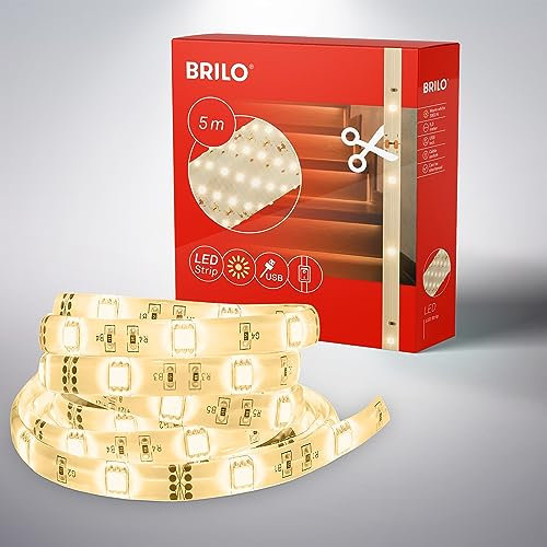 BRILONER – 5m LED Strip, LED Streifen, Deko Lichterkette, Leiste, USB Band, Warmweißes Licht, Kabelschalter