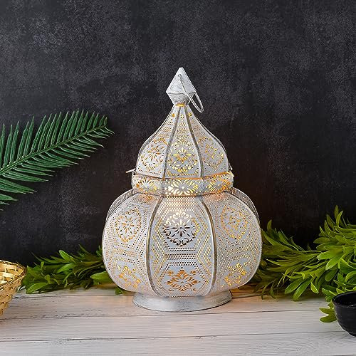 Marrakesch Lampe und Laterne in einem aus Metall 30 cm groß | Tischlampe Windlicht Mahana Weiss als Orientalische Ramadan Dekoration