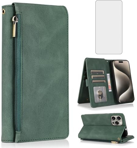Compatible with iPhone 15 Pro Max 6.7 inch Wallet Case Screen Protector and Zipper Leather Flip Cover Card Holder Stand Cell Accessories for iPhone15promax 5G i Phone15Max Plus iPhone15 ProMax Green