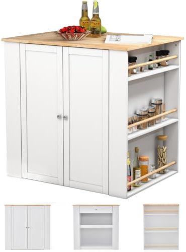 TANGZON Large Kitchen Island, Kitchen Sideboard with 2-Door Cabinet, Rubber Wood Worktop, Drawer, Open Shelves & Side Racks, Living Dining Room Utility Storage Cabinet Cupboard