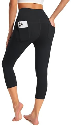 GEMZIX Damen Kühlende Capri Leggings 3/4 Sommer Butterweiche High Waist Stretch Sport Leggings Leicht Blickdicht Wanderhose Yogahose mit Taschen Jeggings für Gym Radfahren Fitness, Schwarz, XL