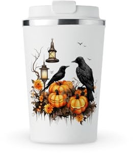 MAXIKIWI - Insulated Double Walled, Leakproof Stainless Steel Mug, Coffee or Tea Travel Tumbler with Lid, Keep Drinks Hot and Cold - Gothic Halloween Crow - 350ml