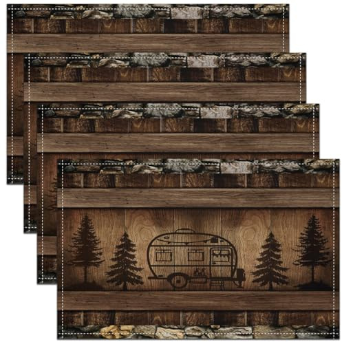 Homewish Happy Camping Placemats Set of 4 for Kids Boys Girls,Rustic Jungle Tree Place Mats,Wooden Plank Table Mats Oil Proof Washable,Camping Waterproof Placemats 45x30 cm