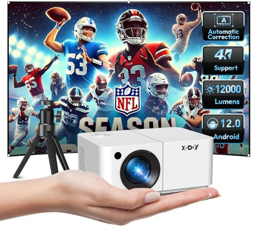 Mini Smart Beamer XGODY X2 1080P Unterstützung tragbarer Projektor Android 12 12000L mit WLAN Bluetooth, Elektrischer Fernfokus/Keystone, Hulu HBO YouTube 8000+ App, Stativ inklusive (Perlweiß)