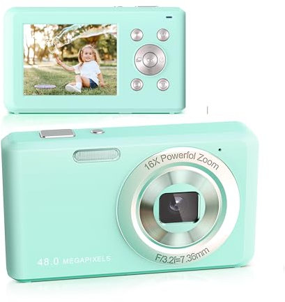 Fotocamera Digitale, Fotocamera Compatta FHD 1080P con Scheda da 32 GB, Fotocamera da 48 MP con Display da 2,4 e Zoom Digitale 16X per Principianti,Adolescenti (Verde)