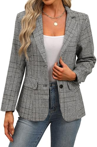 ELLEVEN Damen-Blazer, Reverskragen, kariert, 2 Knöpfe, Boyfriend-Blazer, Anzug, Hahnentrittmuster, Arbeit, Büro, Blazer