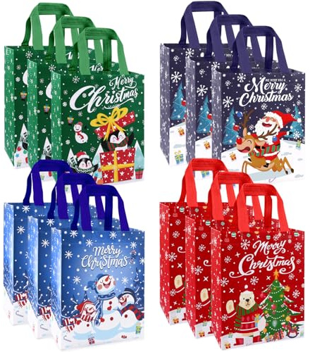 DTYDECLE 12pcs Christmas Tote Bags, Reusable Small Christmas Shopping Bags Non-woven Waterproof Xmas Grocery Treat Wrapping Bag with Handles for Xmas Party Favor Bags