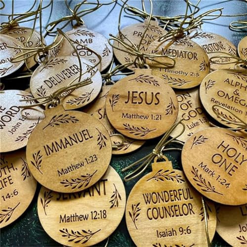 EHOTER Names of Jesus Ornaments 2024 - New Wooden Christmas Tree Decorations, Family Nativity Vintage Indoor Ornaments for Crafts (25pcs)