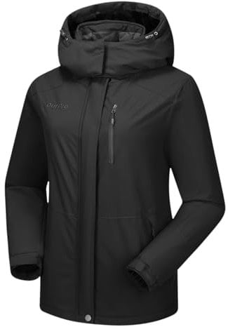 OutPro Skijacke Damen Wasserdicht Snowboardjacke Winterjacke Hooded Warm Winterjacke Dickes Gänsedaunenfutter Doppelte Seitentaschen Wanderjacke mit Reißverschluss für Outdoor-Aktivitäten Schwarz L