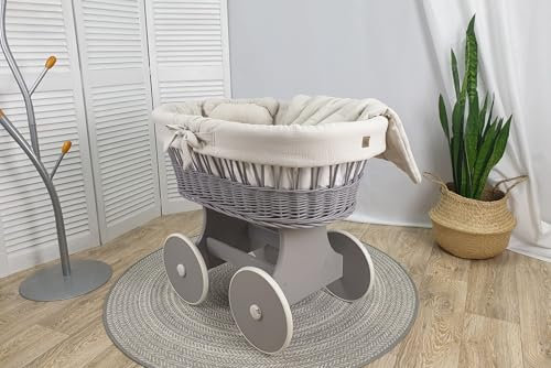 WIKLINOPOL IRENEUSZ ZYGMUNT WICKER WOOD BABY 2000 EU Stubenwagen, Bollerwagen Laura, grau mit Gestell, Matratze und Bettwäsche| Rädern, Tragbares Bett, Babybett für Säuglinge/Neugeborene (Beige)