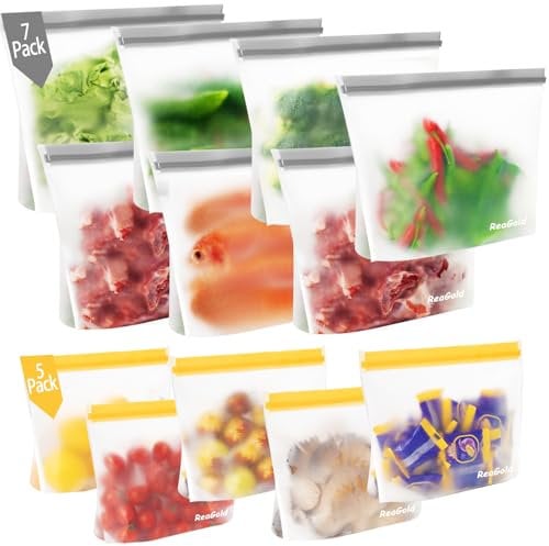 12 Pezzi Sacchetti Freezer Riutilizzabili, Sacchetti Alimenti Richiudibili, Sacchetti per Alimenti Senza BPA Sacchetti Sandwich Riutilizzabili, Sacchetti in Silicone per Frutta, Verdura, Carne