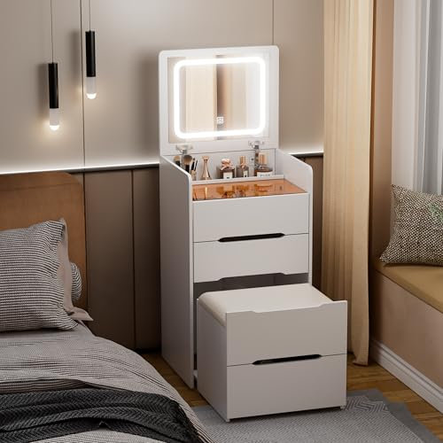 3 in 1 Schminktisch mit LED-Beleuchtung, Frisiertisch mit aufklappbarem Spiegel, sichtbarer Glasplatte, 3 Schubladen Frisierkommode mit Hocker Kleines Kosmetiktisch-Set Patentiertes Produkt EU Plug