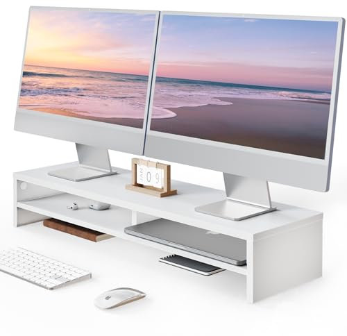 Fenge Réhausseur d'Écran d'Ordinateur, Support de Dual Moniteurs, Organisateur de Bureau, Pour TV/ PC/ Imprimante, 80×23.5×14.2cm, Charge de 25KG (Blanc)