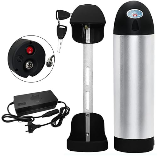 Batteria Ebike, 36V 13Ah 15Ah Bottiglia Batteria Bici Elettrica Argento Rimovibile Ioni di Litio Bicicletta Batteria con Caricatore, Base 4 Pin, Blocco Sicuro per 800W Motore 36V 15AH,380mm