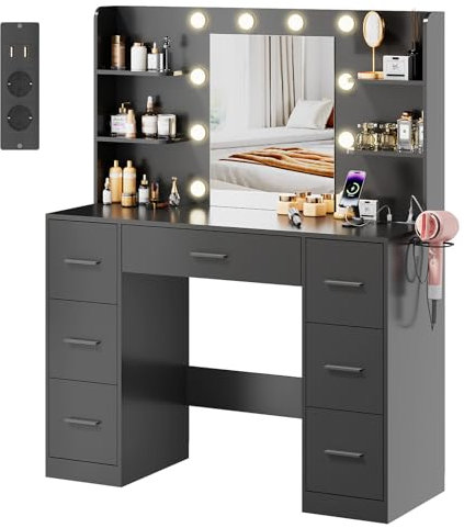 Airfish Große Schminktisch mit LED-Beleuchtung, Einstellbarer Helligkeit, Frisiertisch mit Spiegel, 7 Schubladen und Steckdose,4 Ablagen, Modern, für das Schlafzimmer (Schwarz)